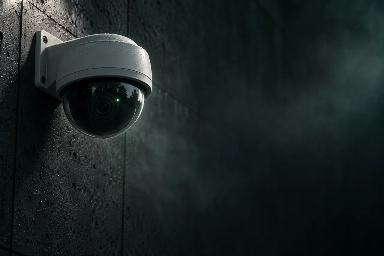 Kopulová bezpečnostní kamera na tmavé fasádě budovy