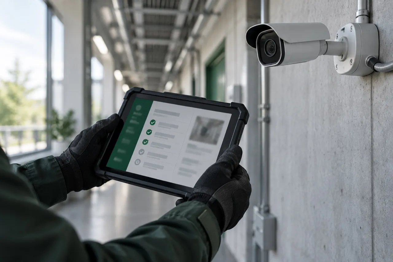 Technik s tabletem kontroluje bezpečnostní kameru